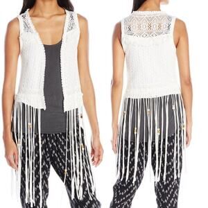 MISS ME White Crochet Fringe Open Knit Cardigan SMALL Boho Festival Western NWT